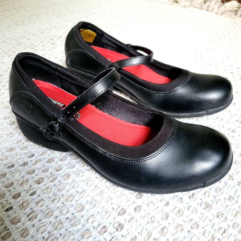 Skechers Womens 8.5 Black Leather Mary Jane Non Slip Work Shoes Low Heels Shoes